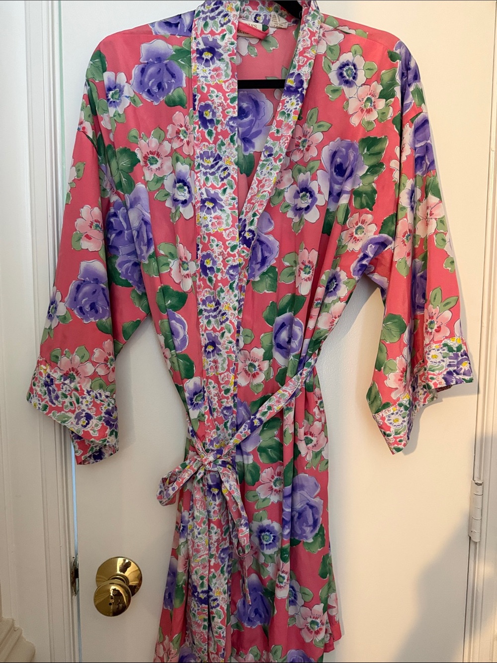 Victoria's Secret Floral Satin Kimono Robe - Coral Pink & Lavender